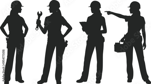Female Construction Worker Silhouette Set with Women Builders Wearing Hard Hats Holding Tools and Wrench Isolated on White Background Vector