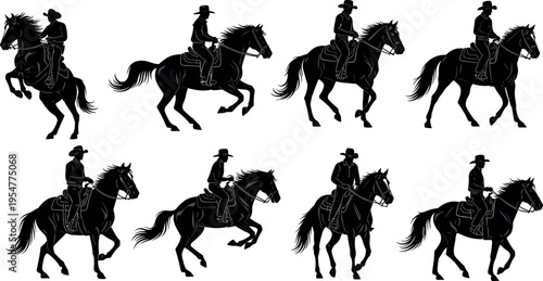 Cowboy riding horse silhouette collection featuring western rider in various action poses, equestrian vector set for ranch lifestyle, rodeo sport and adventure design