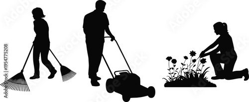 Gardening Silhouette Set with People Mowing Lawn Raking Leaves and Planting Flowers Isolated on White Background Vector Yard Work Illustration