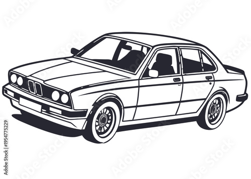 Detailed line art illustration of a classic vintage sedan car, showcasing its timeless design and automotive heritage, perfect for transportation, travel, or retro themes.