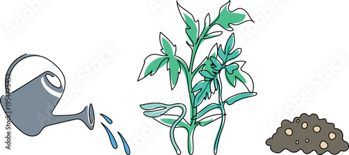 Gardening line art vector set, watering can, plant seedling and soil icons