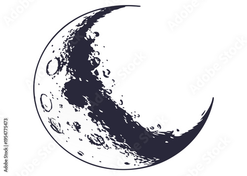 A detailed vector illustration of a crescent moon, showcasing its textured surface and craters, symbolizing the night sky, astronomy, and celestial beauty in a minimalist, flat design.