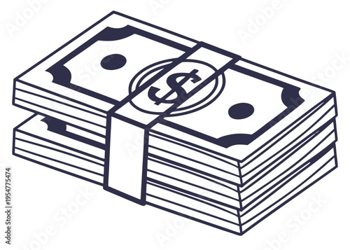 A simple vector illustration depicting a neatly stacked bundle of dollar bills, secured with a band, symbolizing wealth, finance, and economic prosperity on a clean white background.