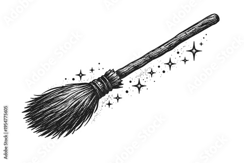 Enchanting Magical Witch's Broom Illustration Flying with Sparkling Dust and Mystical Stars. Hand-drawn Vintage Engraving Style Vector Art, Perfect for Halloween, Fantasy, Spells, Pagan, and Bewitchin
