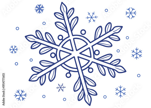 Intricate snowflake design vector illustration, hand-drawn style, featuring delicate crystalline patterns, symbolizing winter, cold weather, and festive holidays.