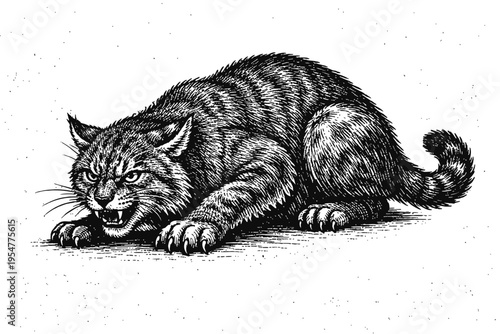 Vintage woodcut style illustration of an intensely fierce, snarling cat with bared teeth and extended claws, crouching low in an aggressive, predatory stance, detailed black and white etching art show