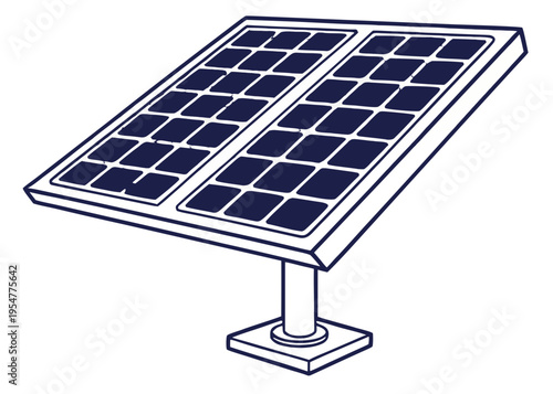 Modern solar panel vector illustration, hand-drawn style, featuring photovoltaic cells on an adjustable stand, symbolizing renewable energy and sustainable technology.