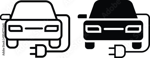 Two electric vehicles with charging cables plugged into them on a white background