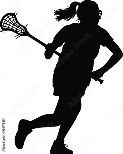 Silhouette of a Female Lacrosse Player Running with a Stick Action Pose Isolated on White Background for Sports Competition Team Graphics