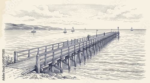 This vintage illustration depicts a pier extending into the ocean with sailboats in the distance, evoking a sense of calm and nostalgia.