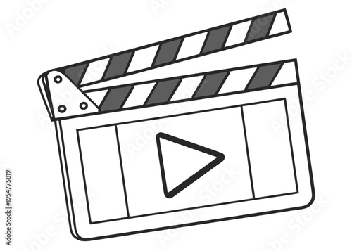 A classic black and white vector outline illustration of a film clapperboard with a play button icon, symbolizing video production, movie making, and multimedia content creation.