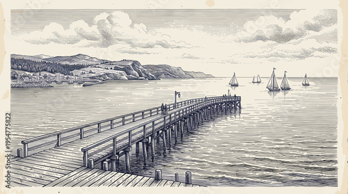 A detailed woodcut-style illustration of a long wooden pier extending into a calm sea with sailboats visible in the distance, and a coastal town nestled against rolling hills under a cloudy sky.