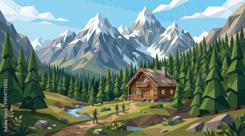 Stylized geometric illustration of a rustic wooden cabin in a pine forest with snow-capped mountains in the background and hikers by a stream.