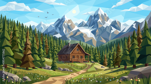This stylized low-poly illustration depicts a rustic log cabin nestled in a lush forest at the base of majestic, snow-capped mountains under a bright blue sky.