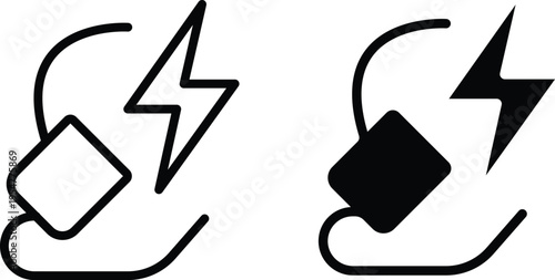 Two black and white icons depicting a lightning bolt striking a square on a curved line