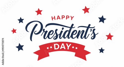 Happy Presidents Day Greeting Card with Hand Lettering and Patriotic Stars on White Background