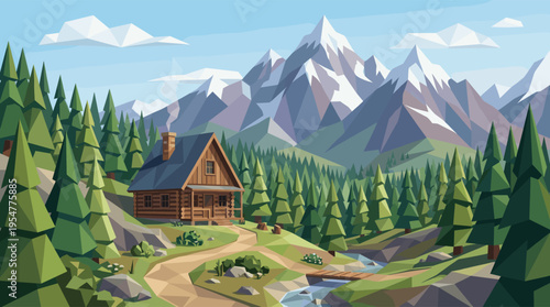 A charming wooden cabin sits in a lush green forest with a flowing stream and a wooden bridge leading towards majestic snow-capped mountains under a clear blue sky.