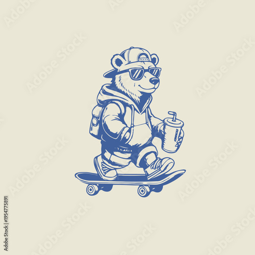 Bear on skateboard with sunglasses.