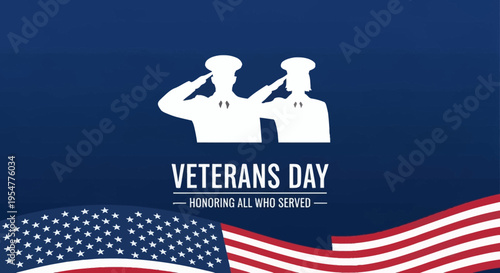 Veterans Day Banner with Saluting Soldiers and American Flag - Honoring All Who Served Patriotic Background