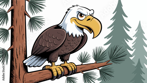 Bald eagle perched on branch looking right brown feathers white head yellow beak pine trees background