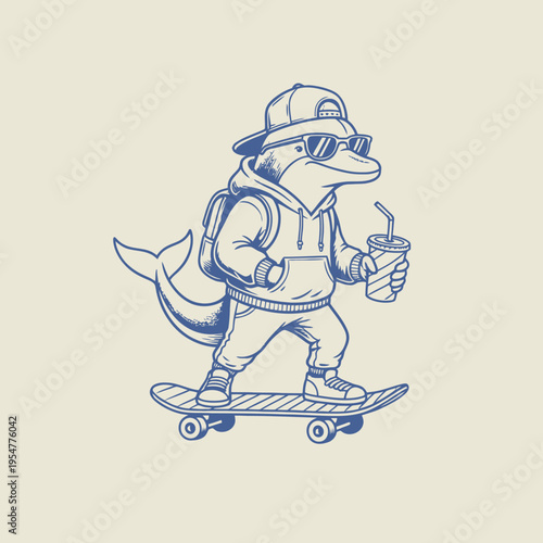 Duck wearing sunglasses on skateboard.
