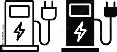 An illustration of two electric vehicle charging stations with plugs one white and one black with lightning bolts on them