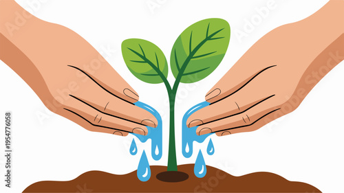 Hands nurturing a young plant with water drops on fertile soil symbolizing growth and care