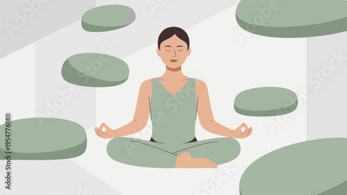 Woman meditates peacefully in lotus position with floating green stones around her in a serene atmosphere