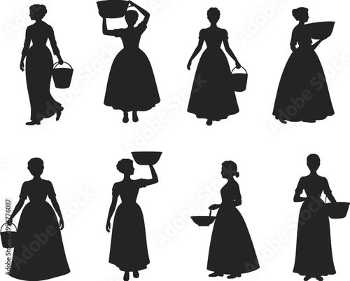 Vintage Peasant Woman Silhouette Set with Traditional Village Girls Carrying Buckets and Baskets Isolated on White Background Vector Graphic Illustration