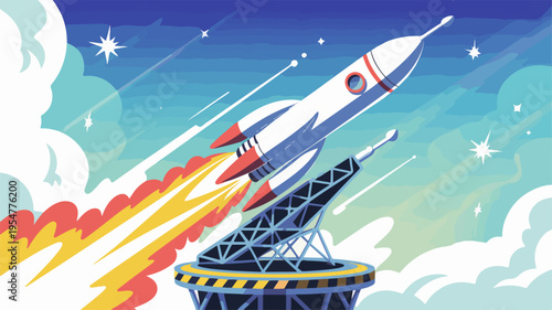 Rocket ship launching into space with flames and smoke set against a vibrant blue sky with clouds and stars depicting a scene of exploration and adventure