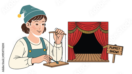 Puppet Master's Craft: A skilled puppeteer, engrossed in the art of controlling a marionette, prepares for a captivating performance. The scene is set with a stage, promising an enchanting show.