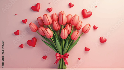 Vector bouquet of pink tulips with red hearts for Valentine's Day