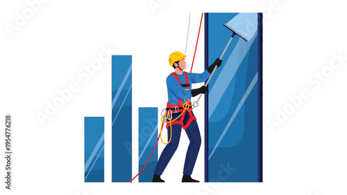 Climbing High for Success: A determined window cleaner tackles a towering skyscraper, symbolizing ambition and the pursuit of achievement.
