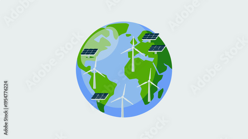 Renewable energy sources around the globe solar panels and wind turbines on a blue planet earth with green continents sustainable power generation for a clean environment