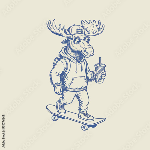 Moose wearing hoodie on skateboard 1.