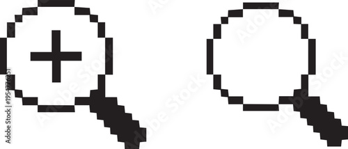 Pixel Art Magnifying Glass Icons Set with Zoom In Plus Sign and Search Symbol for Retro UI Interface