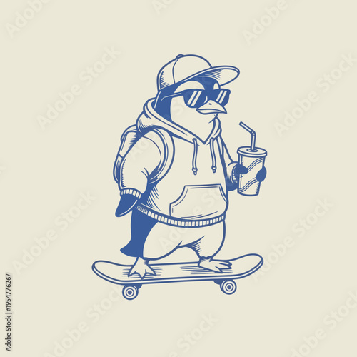 Penguin wearing hoodie and sunglasses skateboarding.