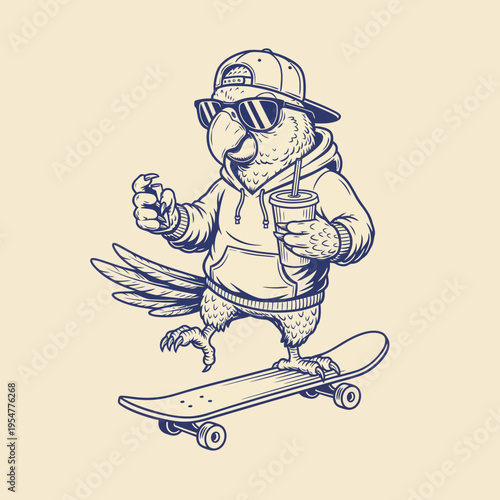 Penguin wearing sunglasses skateboarding outdoors.