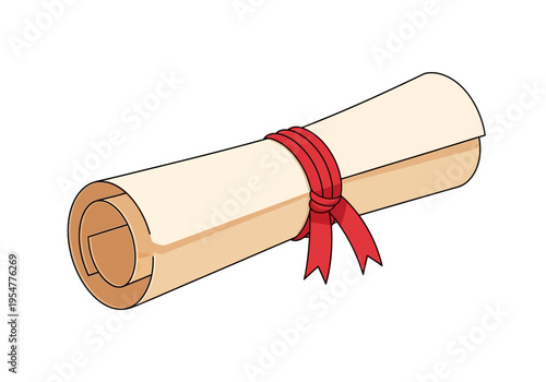 Old Paper Scroll Tied with Red Ribbon Illustration Isolated on White Background - Parchment Document for Diploma, Certificate, or Ancient Message