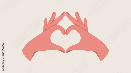 Hands forming heart shape with fingers on beige background symbolizing love and care in a minimalist style