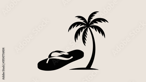Black flip flop and palm tree on beige background tropical vacation symbol