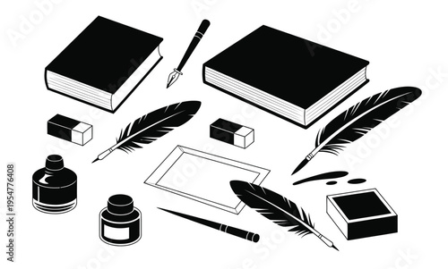 Vintage writing tools and books collection isometric view vector, detailed illustration of quill, ink bottle, old books, and stationery for education, literature, and historical design projects.