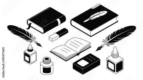Vintage writing tools and books collection, isometric vector set featuring quill pens, ink pots, and classic books, perfect for library, study, and retro stationery-themed designs.