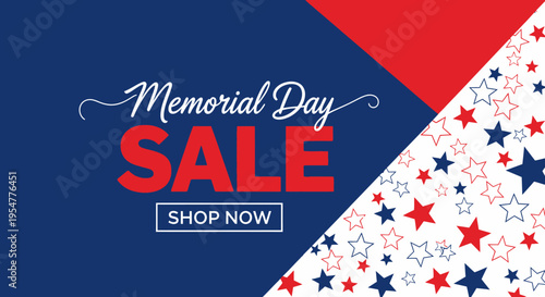 Memorial Day Sale Promotional Banner Background with Patriotic Red, White, and Blue Star Pattern and Shop Now Call to Action
