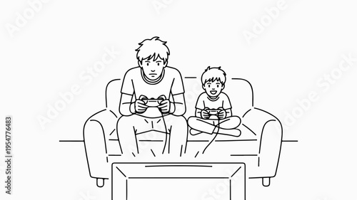 Father and son playing video games together on couch at home in a cozy living room with gaming controllers