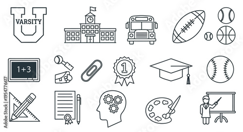 School and Education Vector Icon Set - Academic, Sports, and Learning Symbols