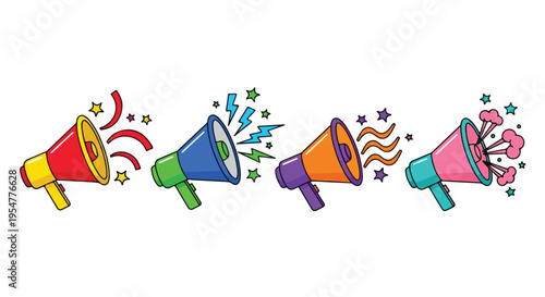 Colorful megaphones in a row with confetti and streamers creating a festive celebration atmosphere