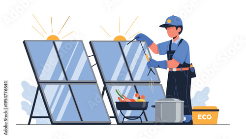 Solar Panel Chef: A dedicated chef utilizes solar panels to harness renewable energy for cooking, demonstrating sustainable living.