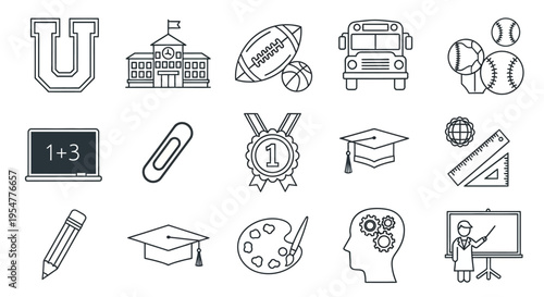 Education and School Icon Set - Linear Vector Symbols for University, Graduation, Sports, and Academic Learning