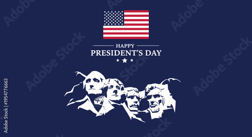 Happy Presidents Day Greeting Card with Mount Rushmore National Memorial Illustration and American Flag on Dark Blue Background